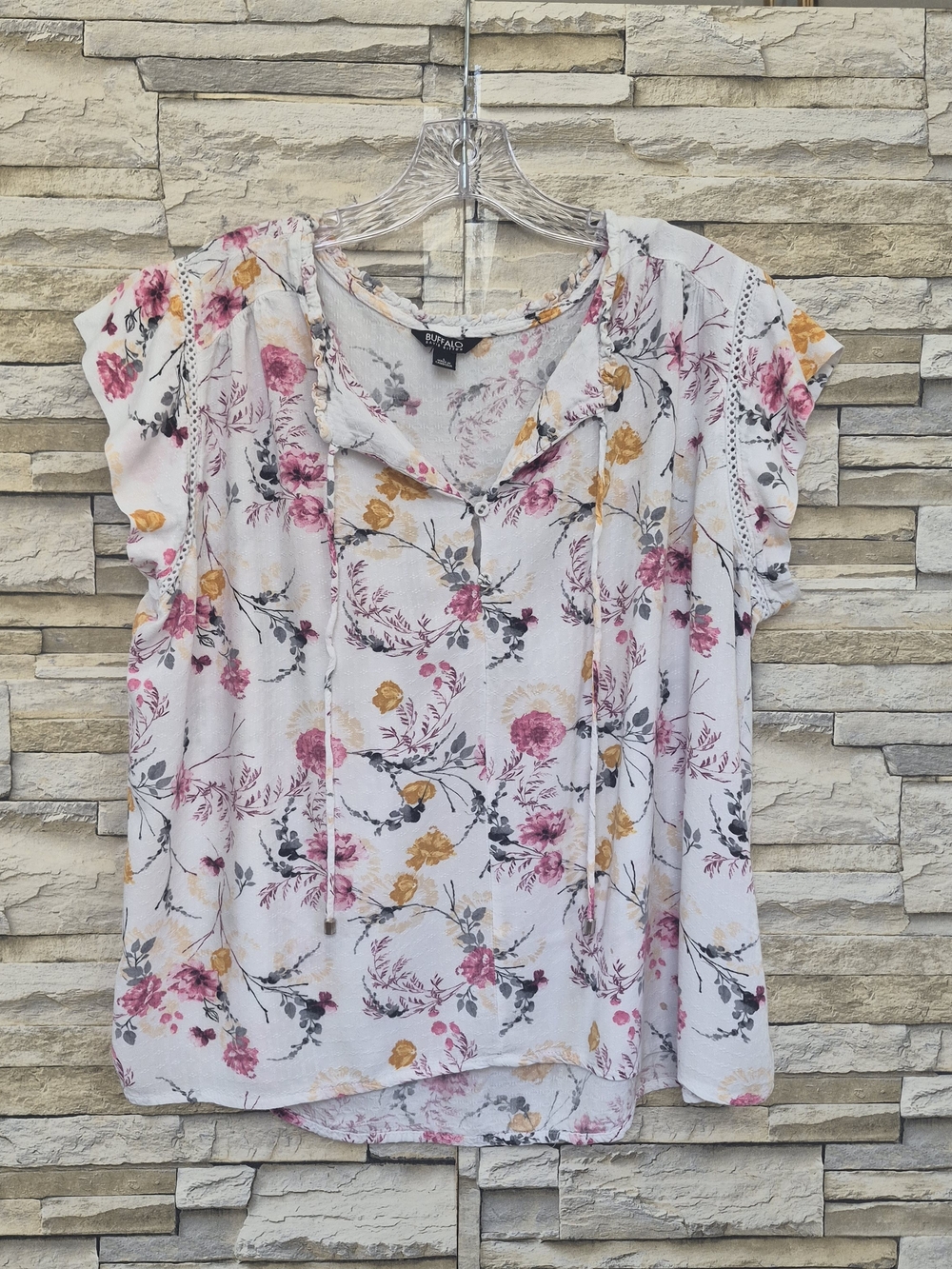 Buffalo David Bitton Blouse Women's Size Large White Floral Boho Casual Top